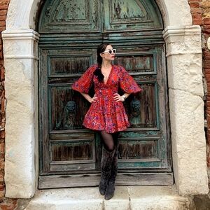 L'atiste red floral dress with open back